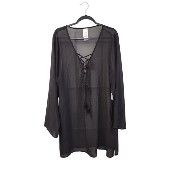 Anne Cole Black Sheer Long Sleeve Swim Cover-Up Dress Lace-Up Neckline XL/XXL 35 - Picture 1 of 8
